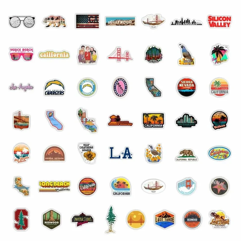 Autocollants Voyage Californie | Lot 50 Pvc 4-7 Cm