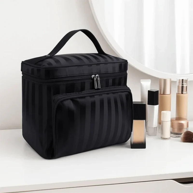 Vanity Case Femme Souple | Grand Compartiment Rayé Élégant