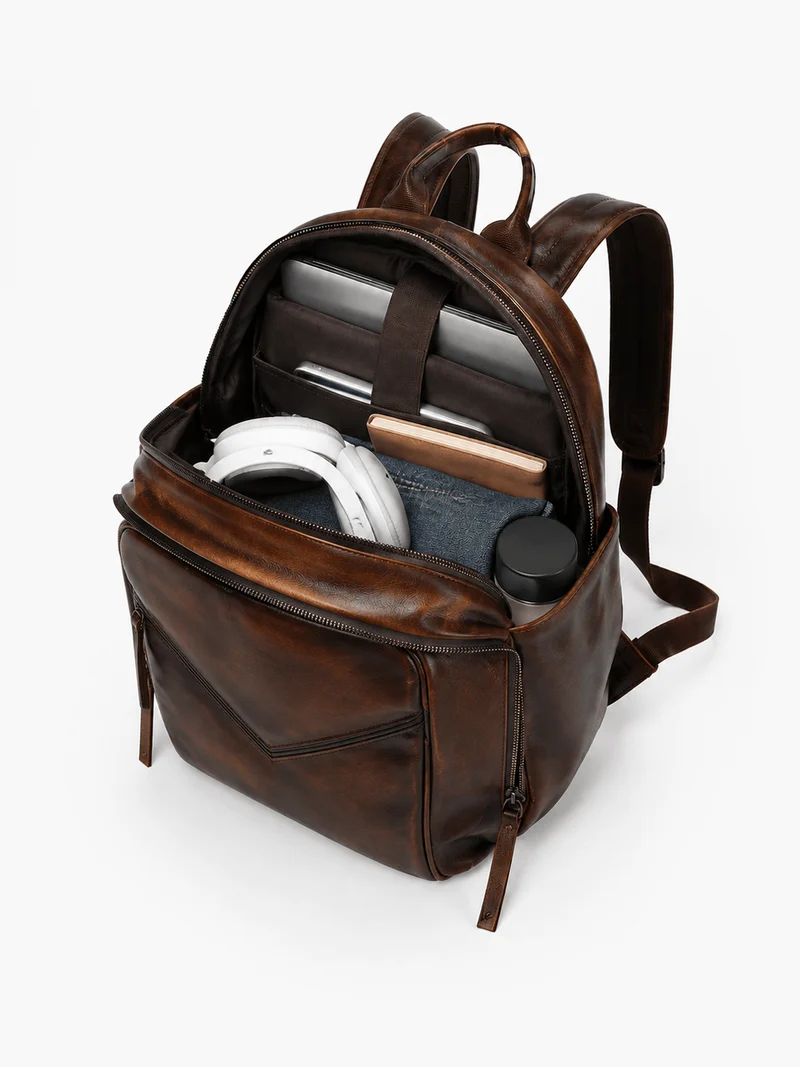 Sac À Dos Imperméable En Cuir Véritable Marron Foncé