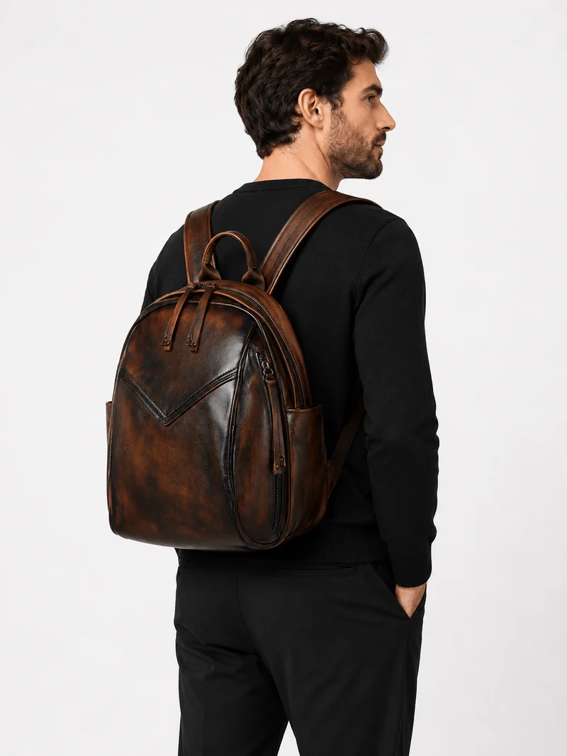 Sac À Dos Imperméable En Cuir Véritable Marron Foncé