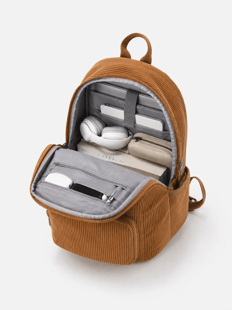 Sac À Dos Scolaire En Velours Côtelé Marron