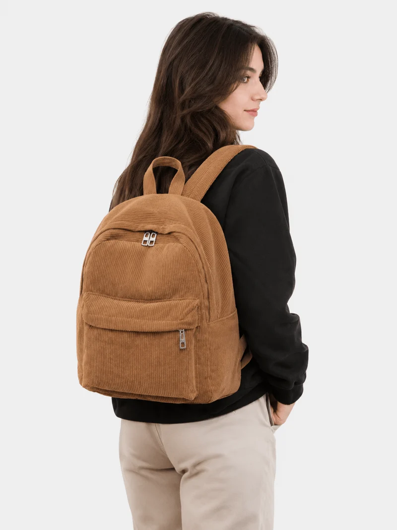 Sac À Dos Scolaire En Velours Côtelé Marron