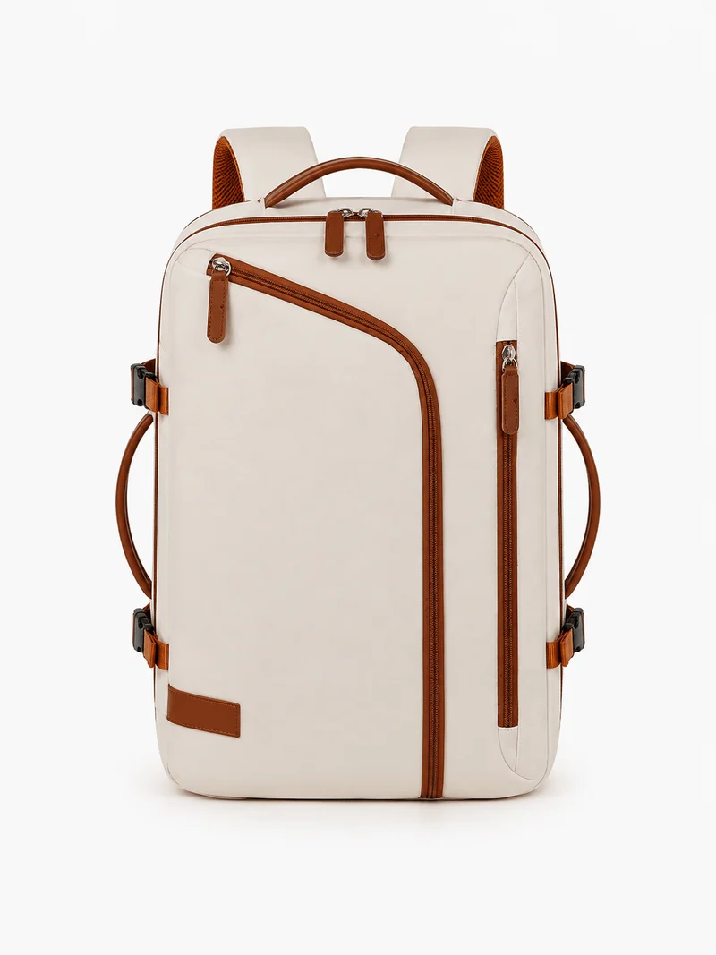 Sac À Dos Ordinateur En Nylon Beige À Fermeture Zippée
