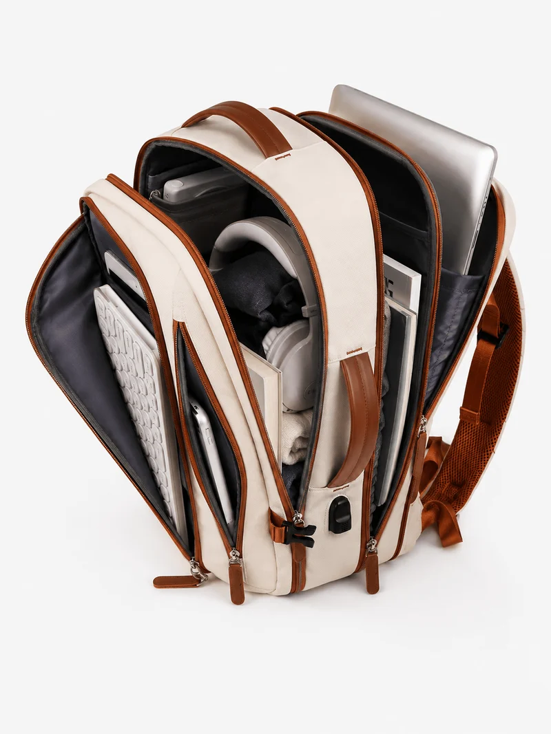 Sac À Dos Ordinateur En Nylon Beige À Fermeture Zippée