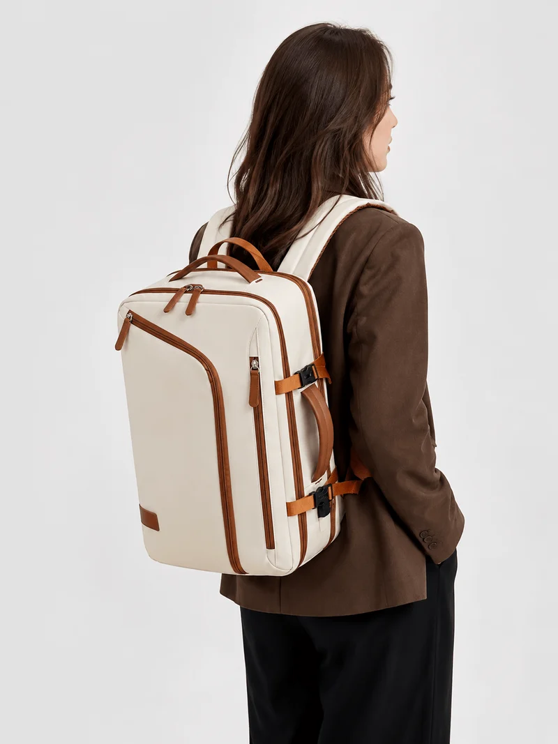 Sac À Dos Ordinateur En Nylon Beige À Fermeture Zippée