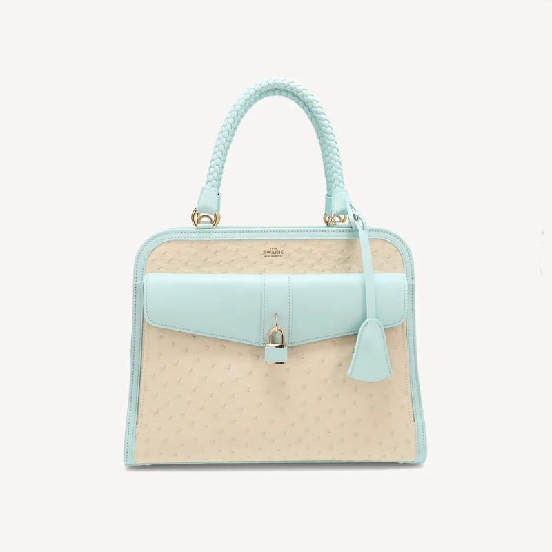 Sac à main Bel-Air - Cuir d'autruche (laiton poli) Bleu et blanc