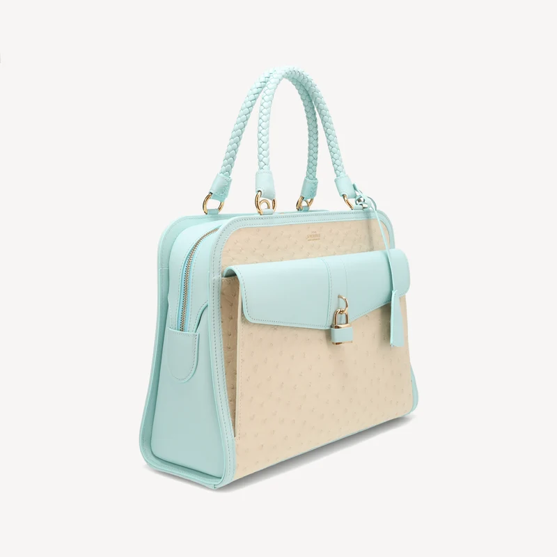 Sac à main Bel-Air - Cuir d'autruche (laiton poli) Bleu et blanc