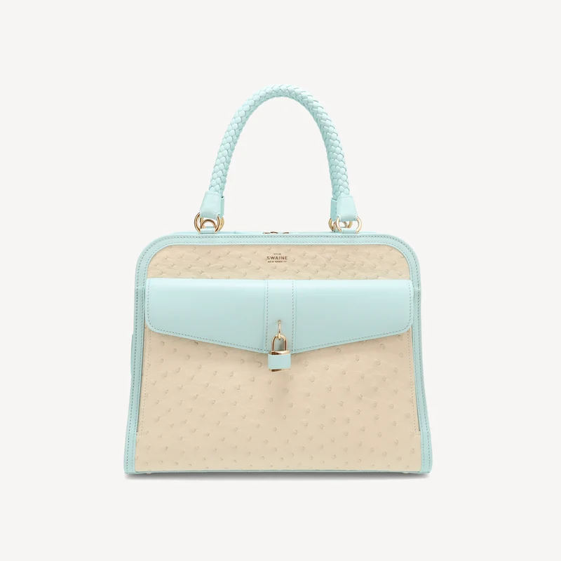 Sac à main Bel-Air - Cuir d'autruche (laiton poli) Bleu et blanc