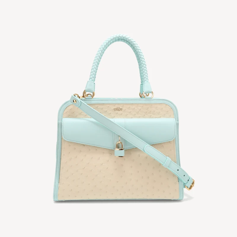 Sac à main Bel-Air - Cuir d'autruche (laiton poli) Bleu et blanc