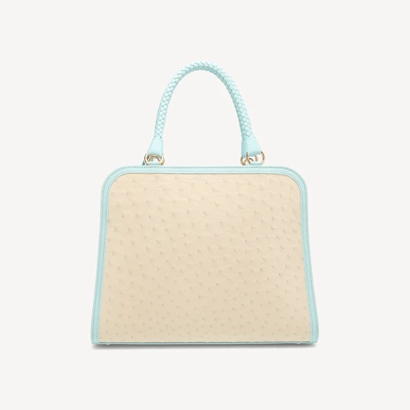 Sac à main Bel-Air - Cuir d'autruche (laiton poli) Bleu et blanc