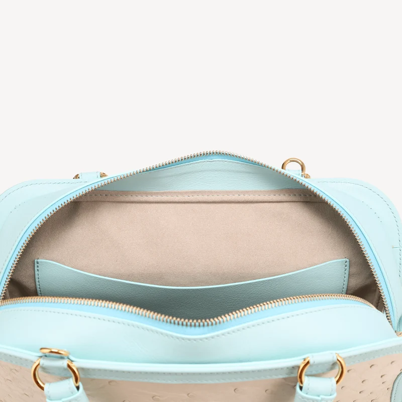 Sac à main Bel-Air - Cuir d'autruche (laiton poli) Bleu et blanc