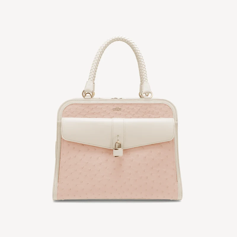 Sac à main Bel-Air - Cuir d'autruche (laiton poli) rose et blanc