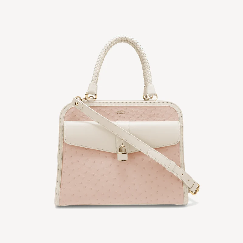 Sac à main Bel-Air - Cuir d'autruche (laiton poli) rose et blanc