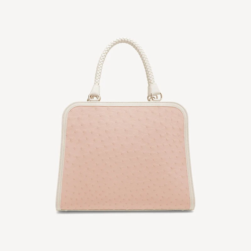 Sac à main Bel-Air - Cuir d'autruche (laiton poli) rose et blanc