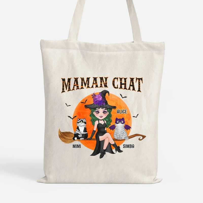 Maman Chat Sorcière Avec Son Balai - Cadeau Personnalisé | Tote Bag pour Amoureux des animaux