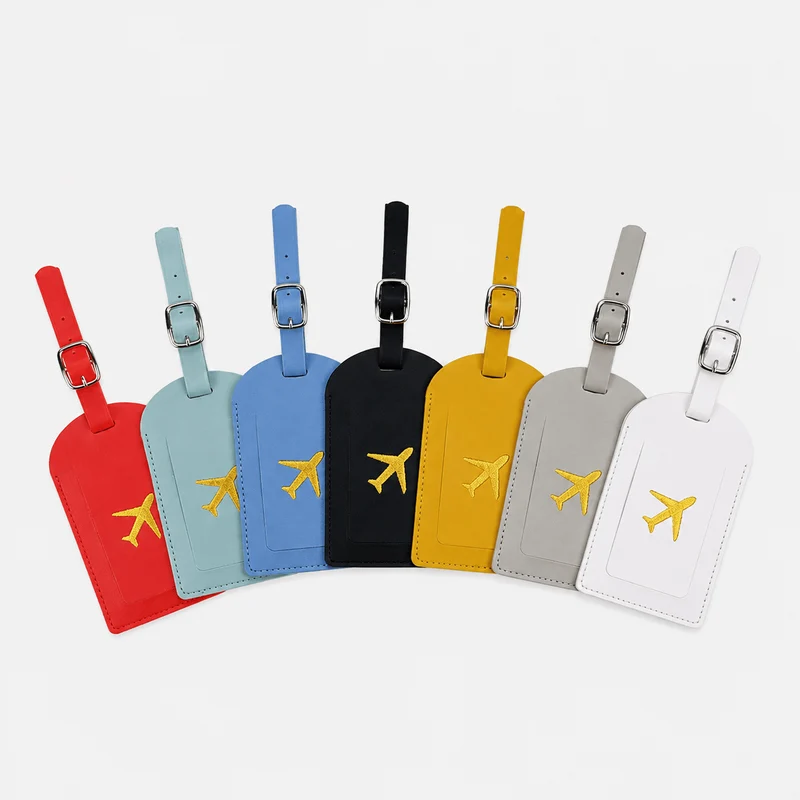 Étiquette de bagage en cuir motif avion avec porte-adresse