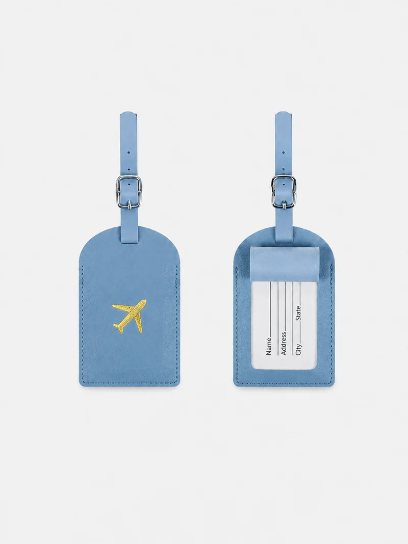 Étiquette de bagage en cuir motif avion avec porte-adresse