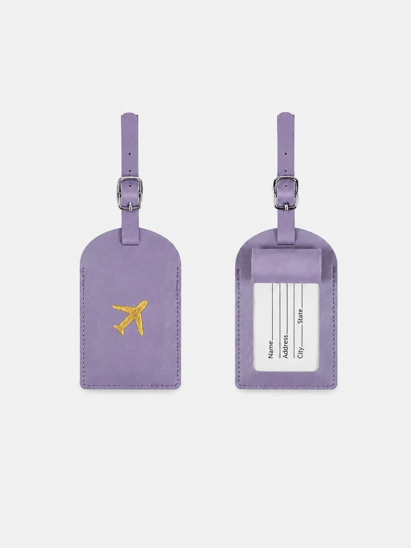 Étiquette de bagage en cuir motif avion avec porte-adresse