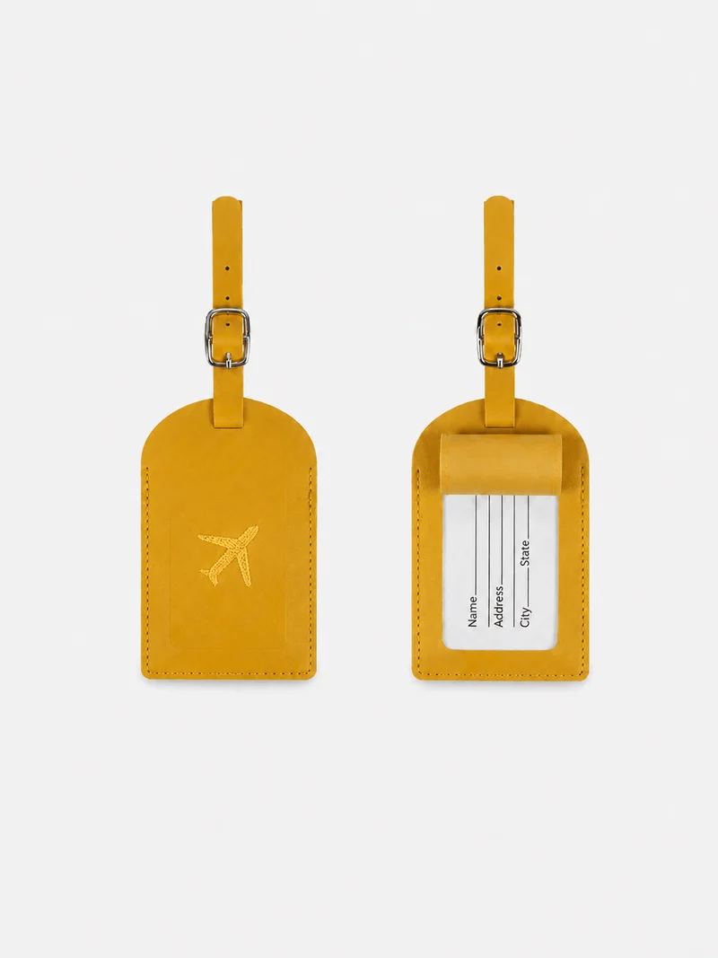 Étiquette de bagage en cuir motif avion avec porte-adresse