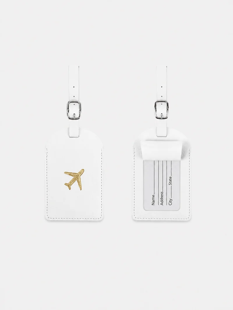 Étiquette de bagage en cuir motif avion avec porte-adresse