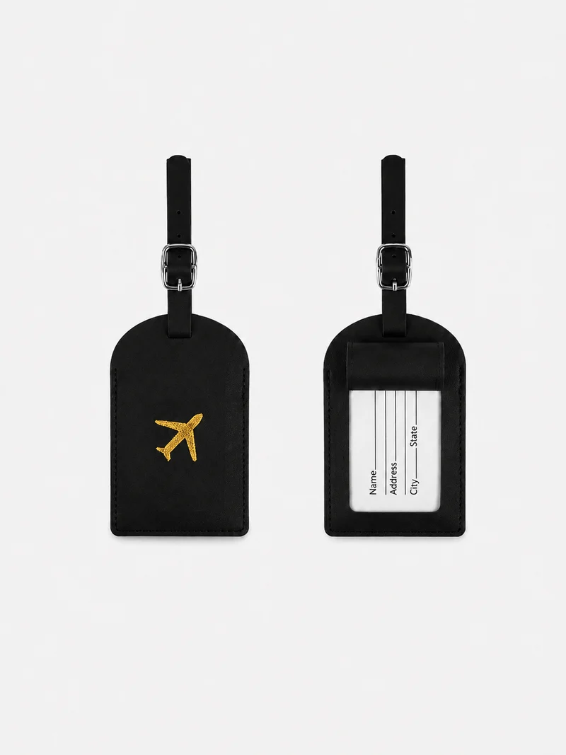 Étiquette de bagage en cuir motif avion avec porte-adresse