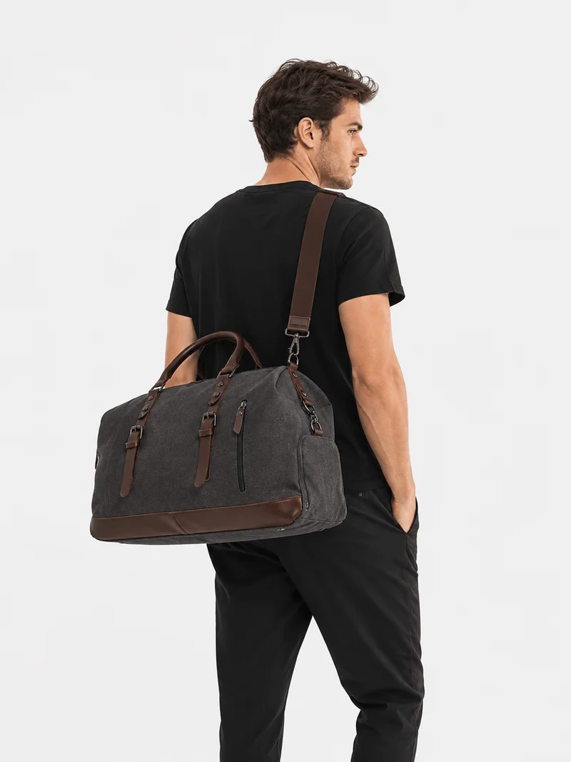 Sac polochon de voyage homme en toile gris et marron