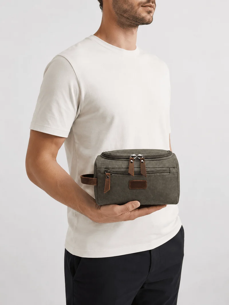 Trousse De Toilette Pour Homme En Toile Garnitures En Cuir