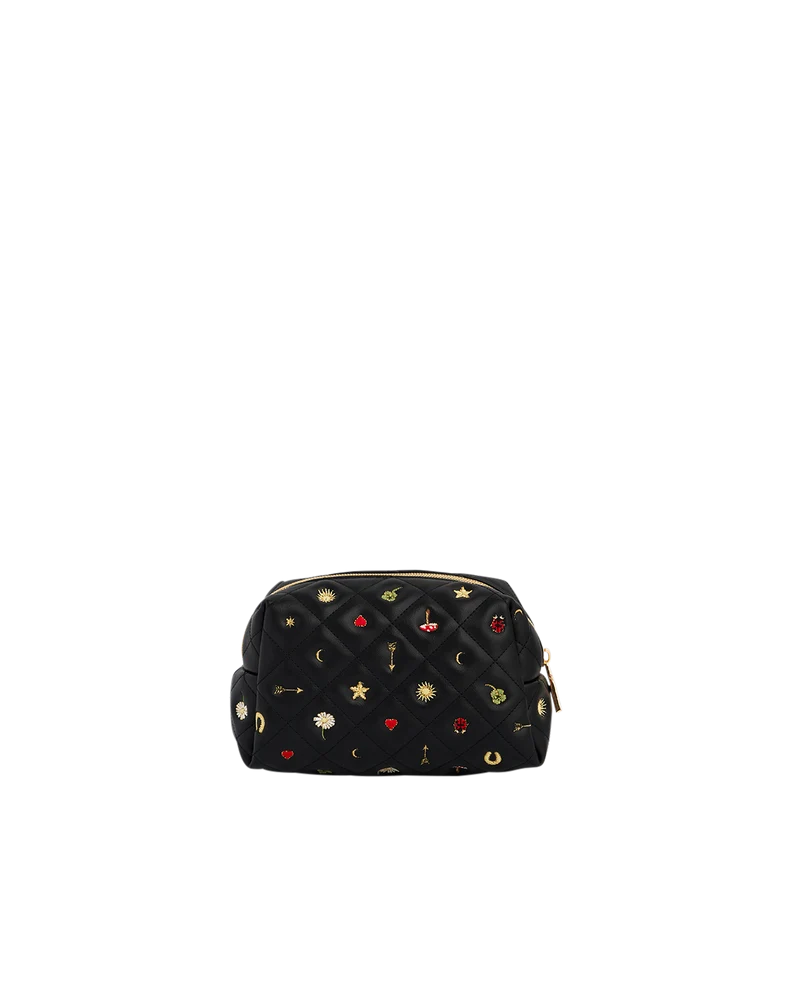 Black Quilted Celestial Embroidered Pouch