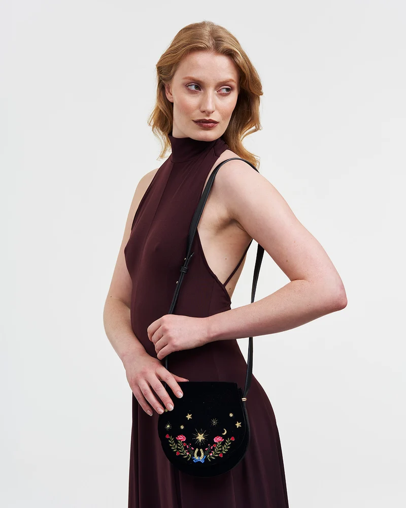 Kate Celestial Embroidered Black Velvet Saddle Bag