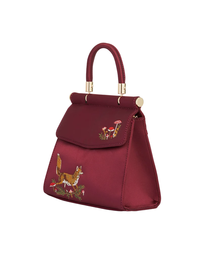Fox & Mushroom Embroidered Burgundy Satin Tote