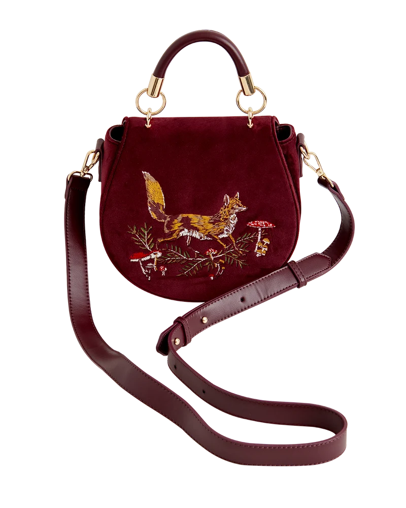 Fox & Mushroom Embroidered Saddle Bag - Redcurrant Velvet