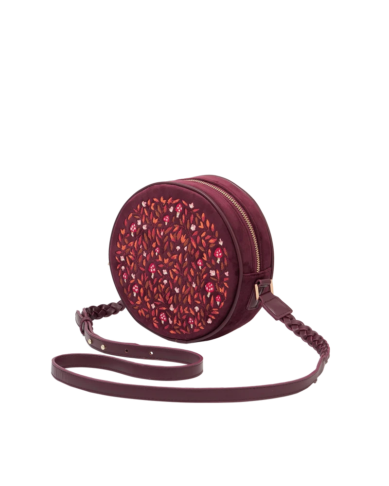 Magical Mushroom Embroidered Burgundy Velvet Circle Bag