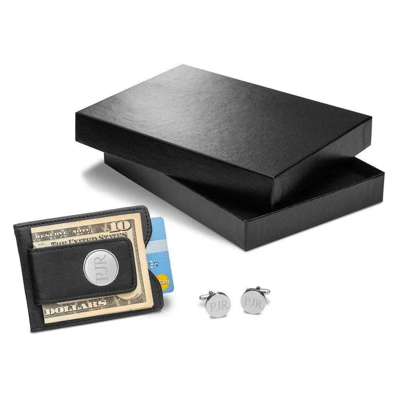 Black Leather Wallet and Pin Stripe Cufflinks Personalized Set