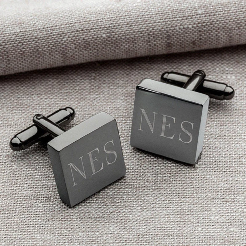 Black Leather Wallet and Gunmetal Square Cufflinks Personalized Set