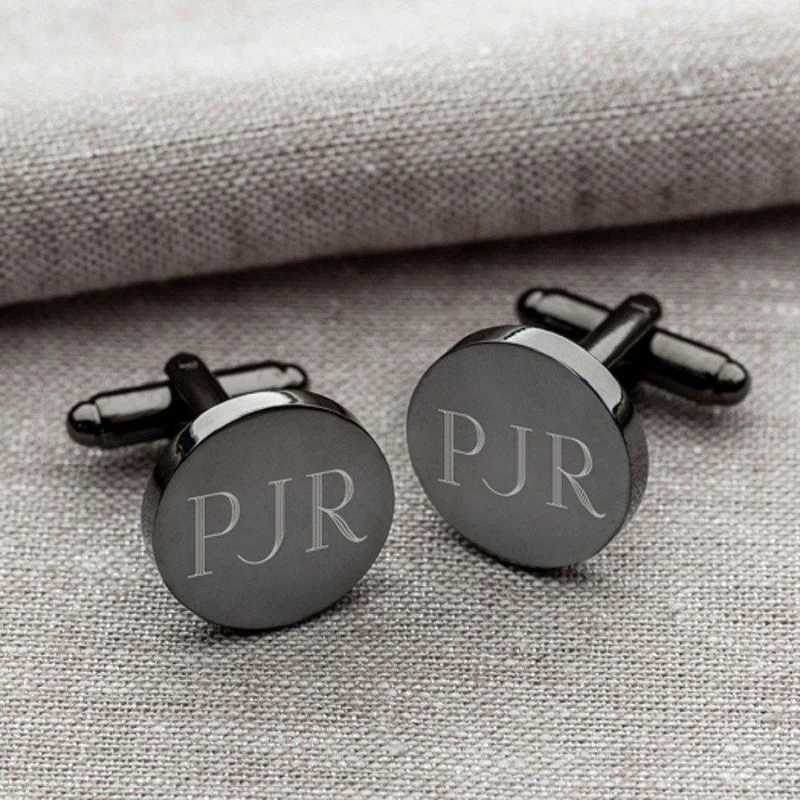 Black Leather Wallet and Gunmetal Round Cufflinks Personalized Set