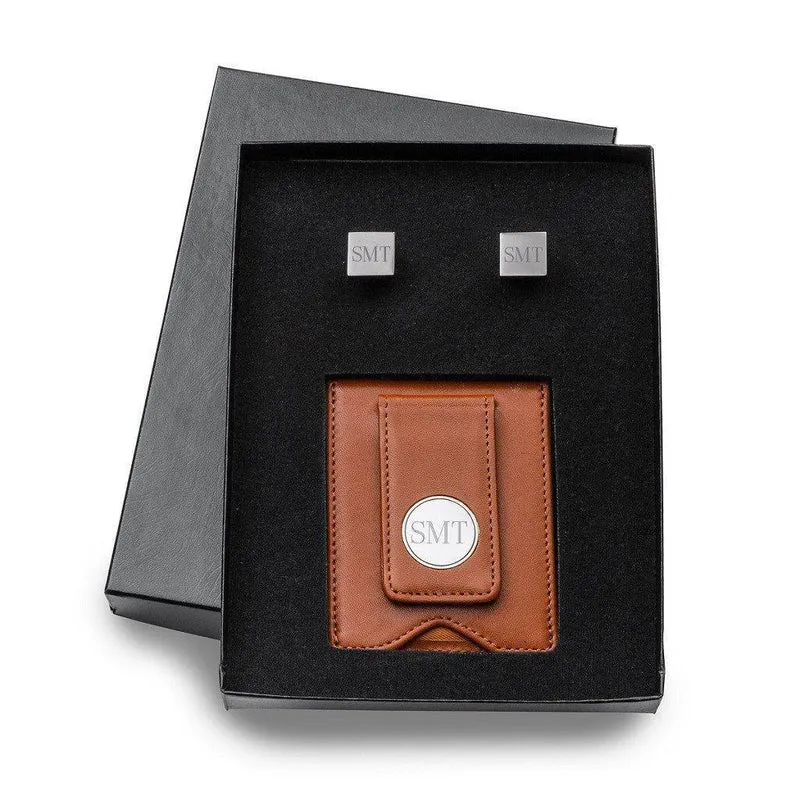 Brown Leather Wallet and Gunmetal Square Cufflinks Personalized Set