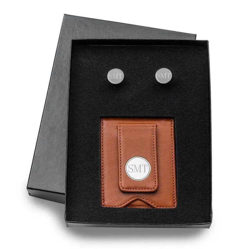 Brown Leather Wallet and Gunmetal Round Cufflinks Personalized Set
