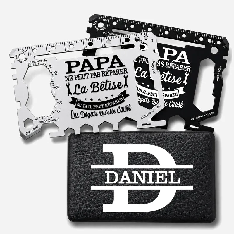 Cadeau Papa Papy Réparateur - Carte De Survie Multifonction Personnalisée Avec Étui En Cuir