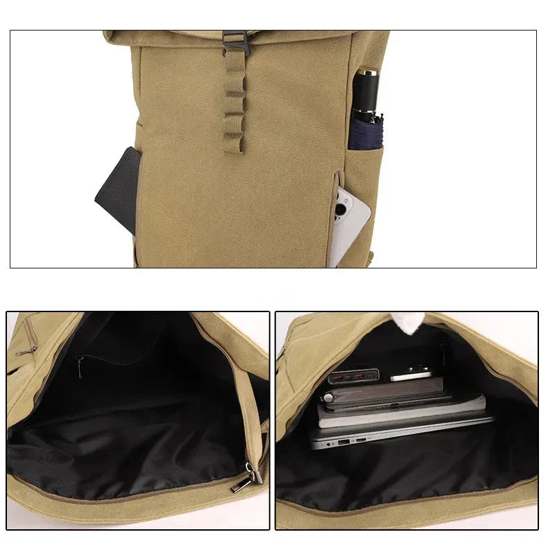 Sac à Dos Roll Top Toile | Compartiment Ajustable Sécurisé