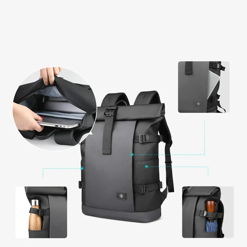 Sac à Dos Roll Top Ordinateur | Extensible Imperméable 17 Pouces