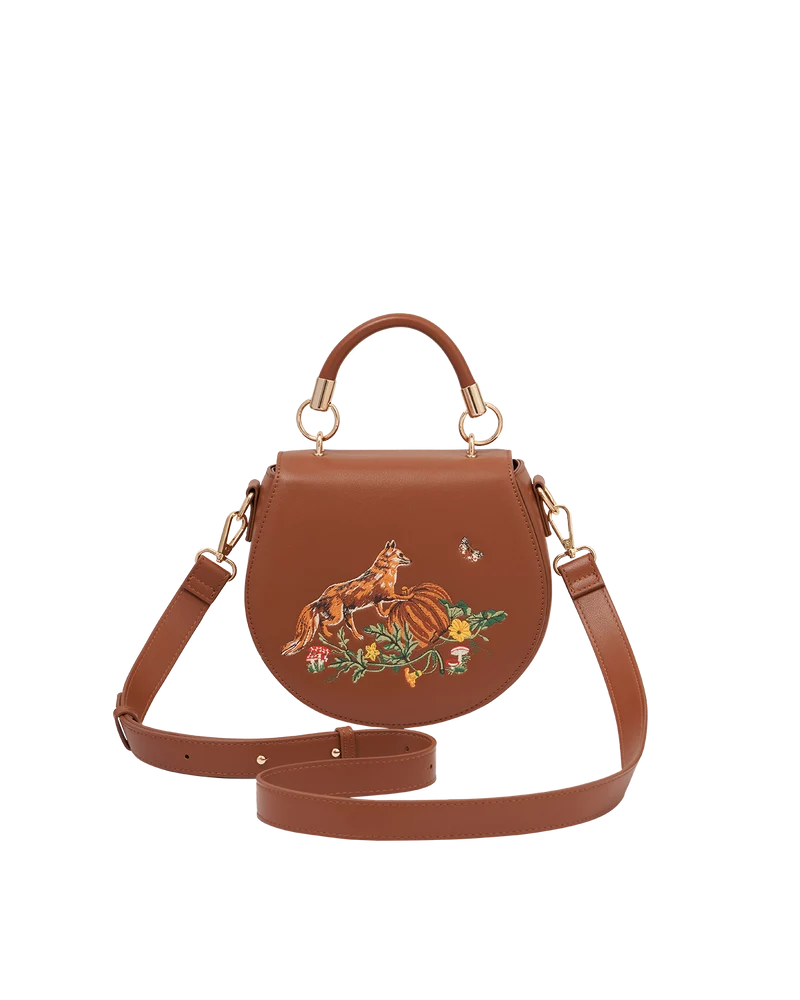 Fox & Pumpkin Embroidered Tan Saddle Bag