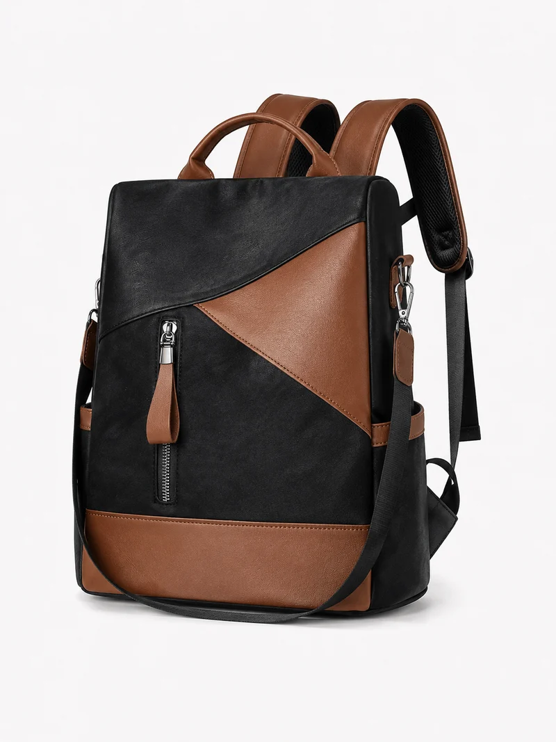 Sac À Dos Élégant Femme PU Noir Et Marron