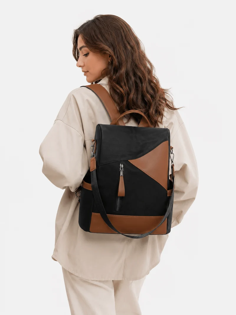Sac À Dos Élégant Femme PU Noir Et Marron