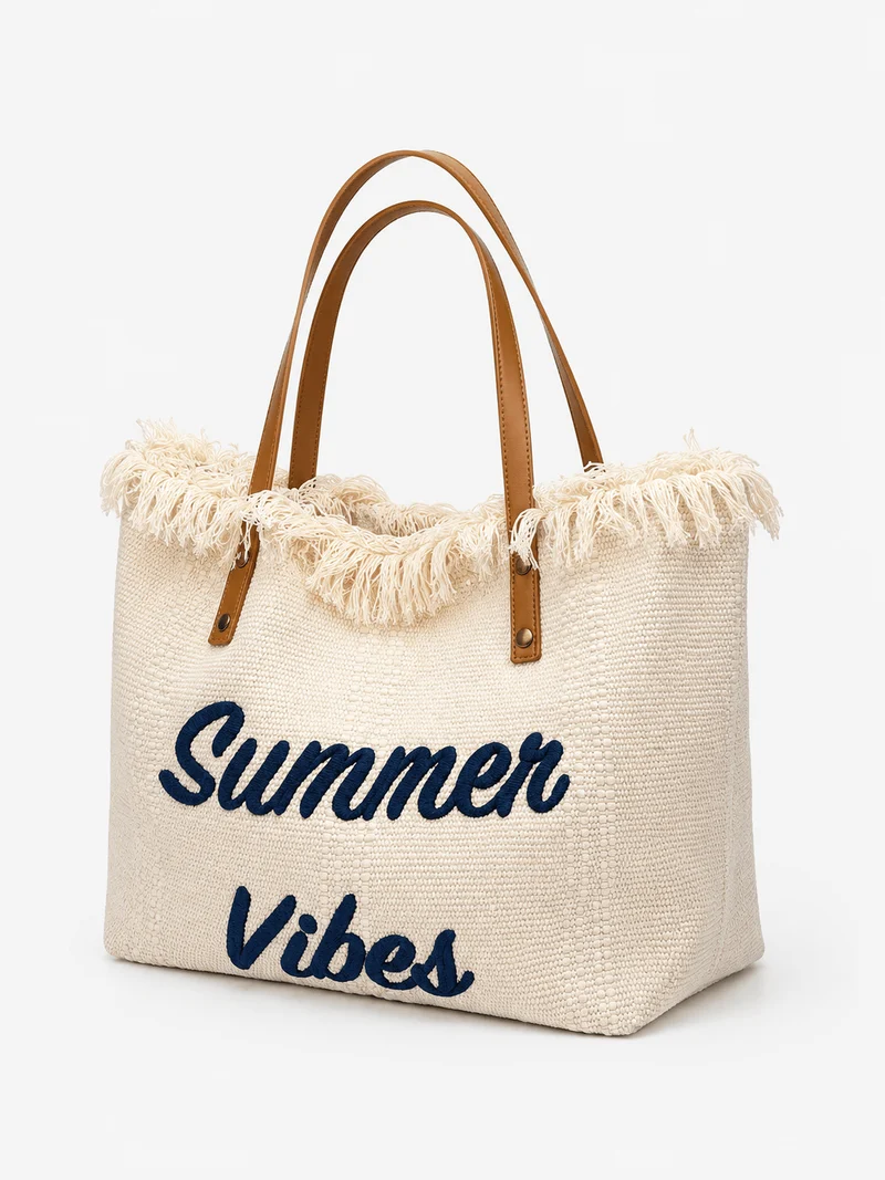 Sac cabas femme en toile écrue « Summer Vibes » à anses longues marron