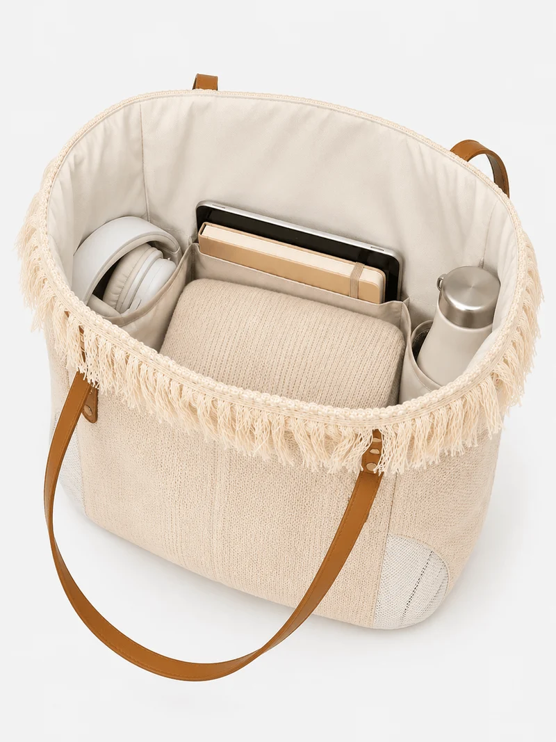 Sac cabas femme en toile écrue « Summer Vibes » à anses longues marron