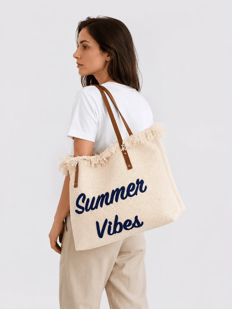 Sac cabas femme en toile écrue « Summer Vibes » à anses longues marron