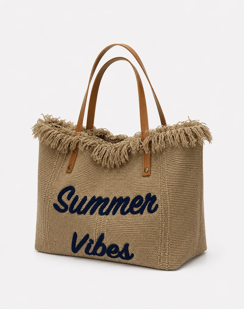 Sac cabas femme en toile écrue « Summer Vibes » à anses longues marron