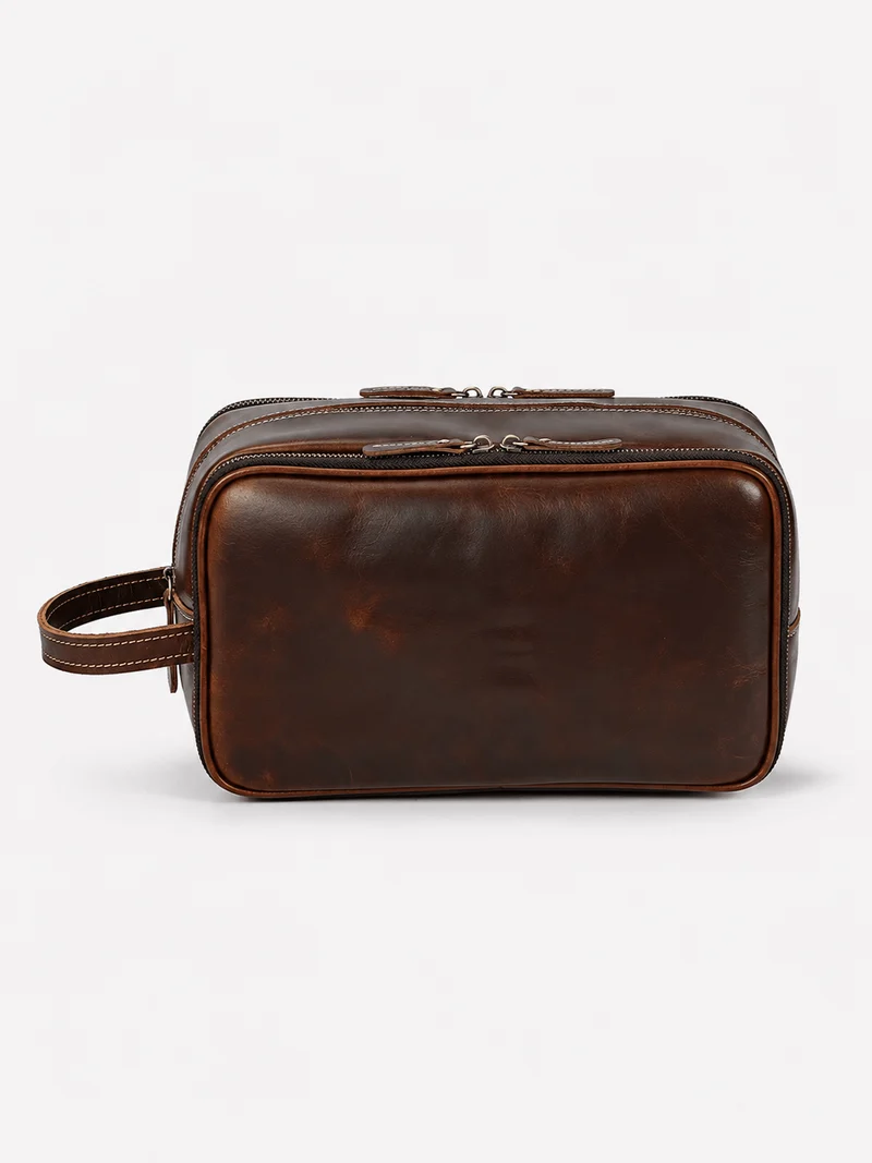 Trousse De Toilette Cuir Pour Homme Véritable Marron Foncé
