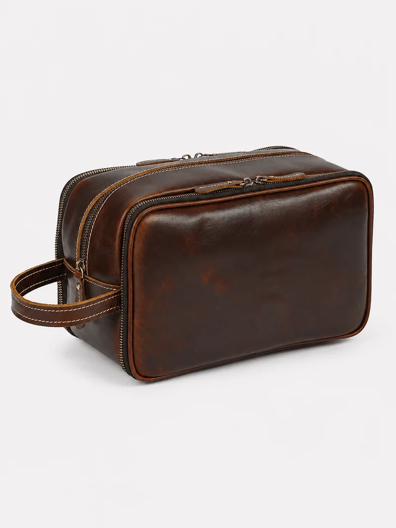 Trousse De Toilette Cuir Pour Homme Véritable Marron Foncé
