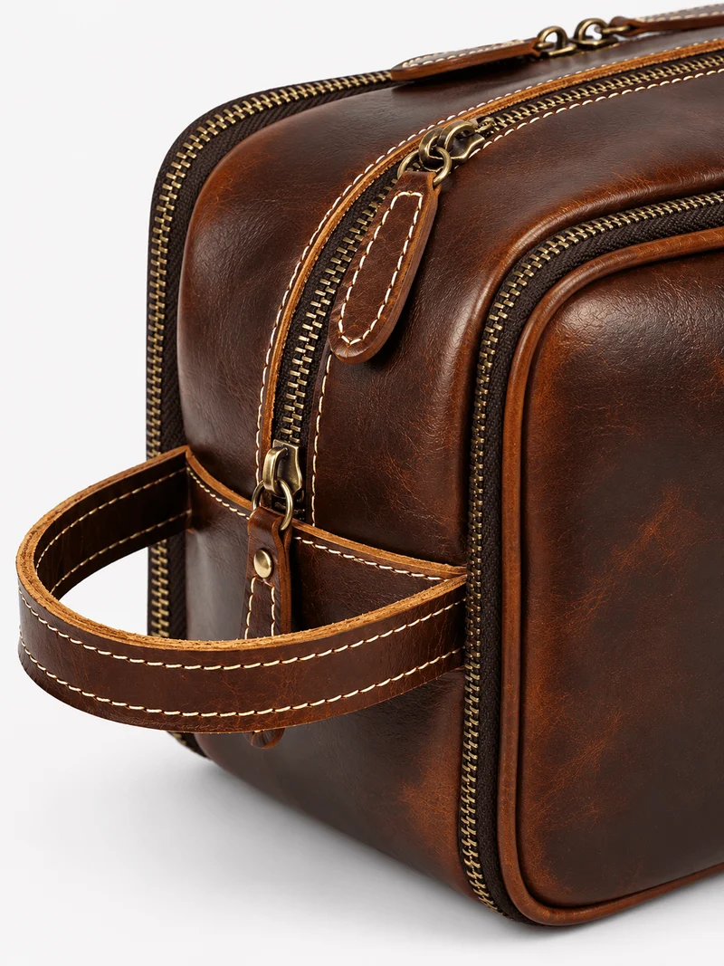 Trousse De Toilette Cuir Pour Homme Véritable Marron Foncé
